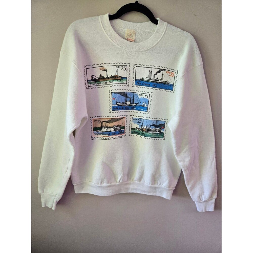 VTG 1989 USPS Steamboat Postage Stamp Sweatshirt L Fruit of the Loom